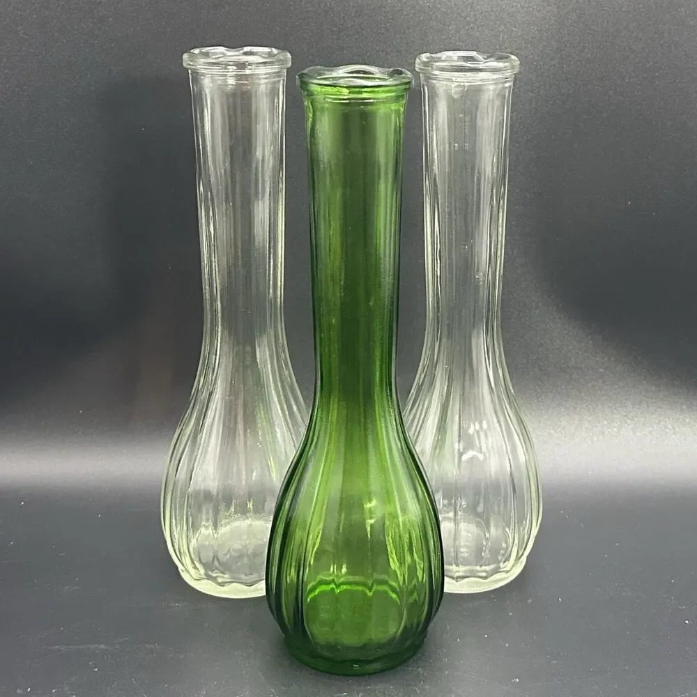 VTG Ribbed Glass Bud Vases Set 3 Emerald Green Clear MCM Florist Wedding Decor